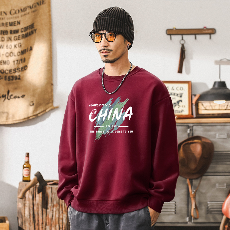 Nuevo pesado camiseta de cuello redondo otoño invierno primavera y otoño estilo chino masculino letras camiseta de manga larga suelta de moda