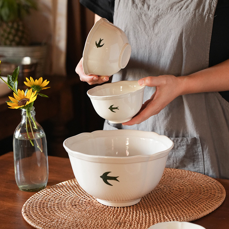 Tazón grande de cerámica japonesa estilo golondrina retro para sopa o fideos, plato para la cena, plato para postre, juego de tazones y platos para el hogar, vajilla creativa.