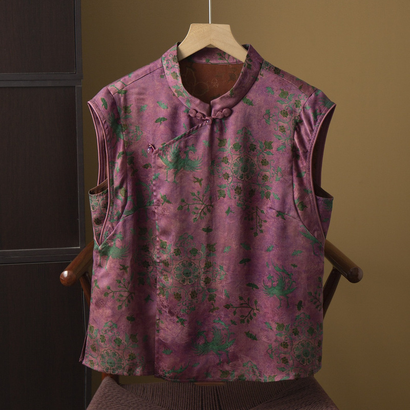 Silk Xiangyunsha National Style Stand-Collar Shirt for Women, 100% Mulberry Silk Floral New Chinese Style Diagonal Collar Sleeveless Top Blouse