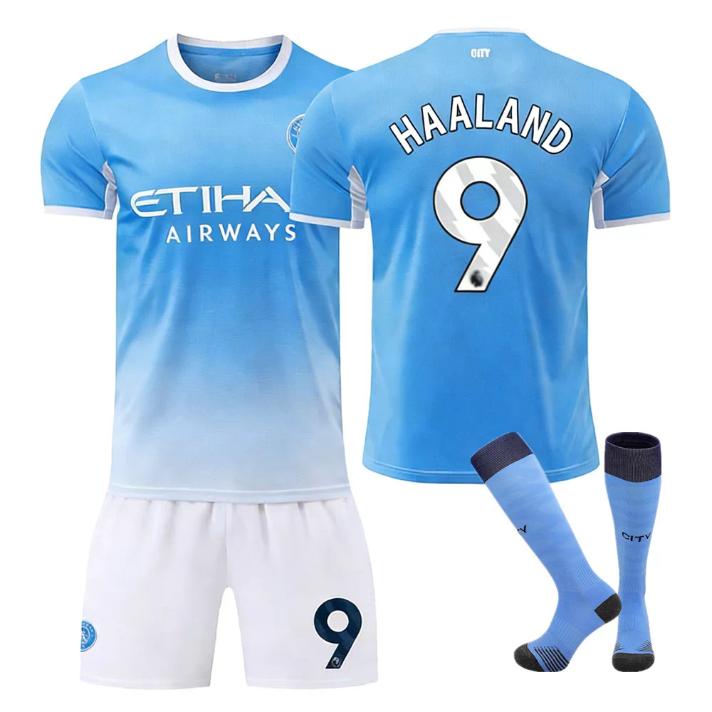 2627 Manchester City home jersey set with numbers 9 Haaland, 47 Foden, 10 Sarkeri, and 7 Marmoush