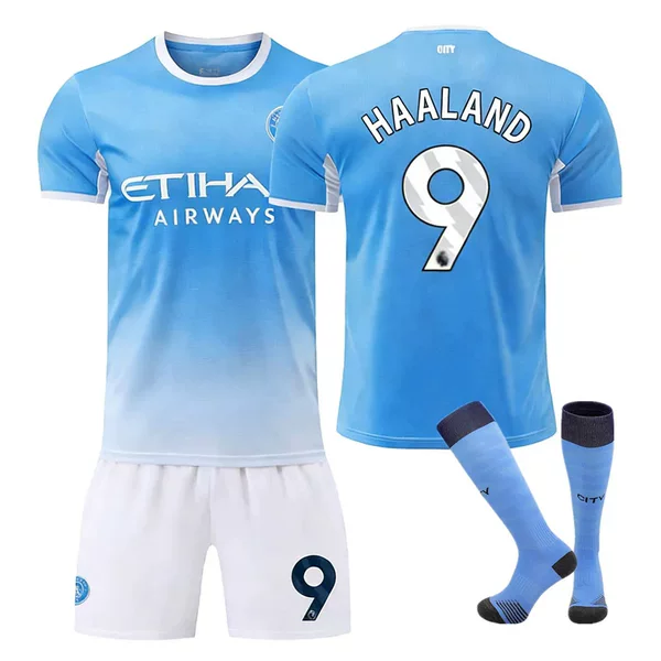 2627 Manchester City home jersey set with numbers 9 Haaland, 47 Foden, 10 Sarkeri, and 7 Marmoush