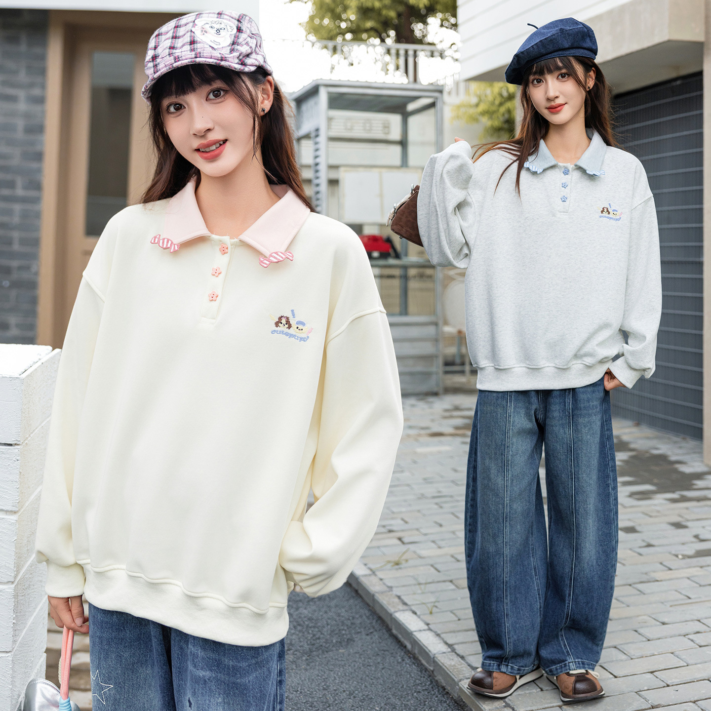 初中女童卫衣春秋装中大童大码宽松翻领polo衫甜美上衣青少年学生