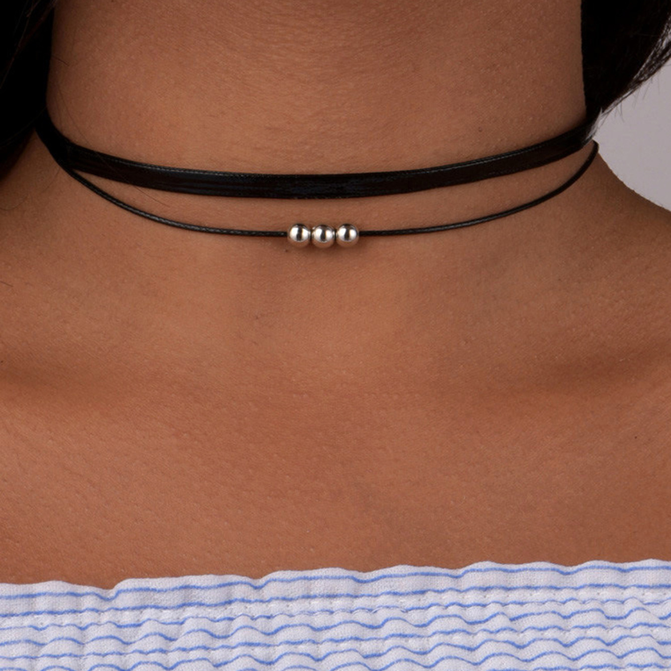 Minimalist Silver Plated Double Layer Leather Wax Choker Necklace_voghion.com