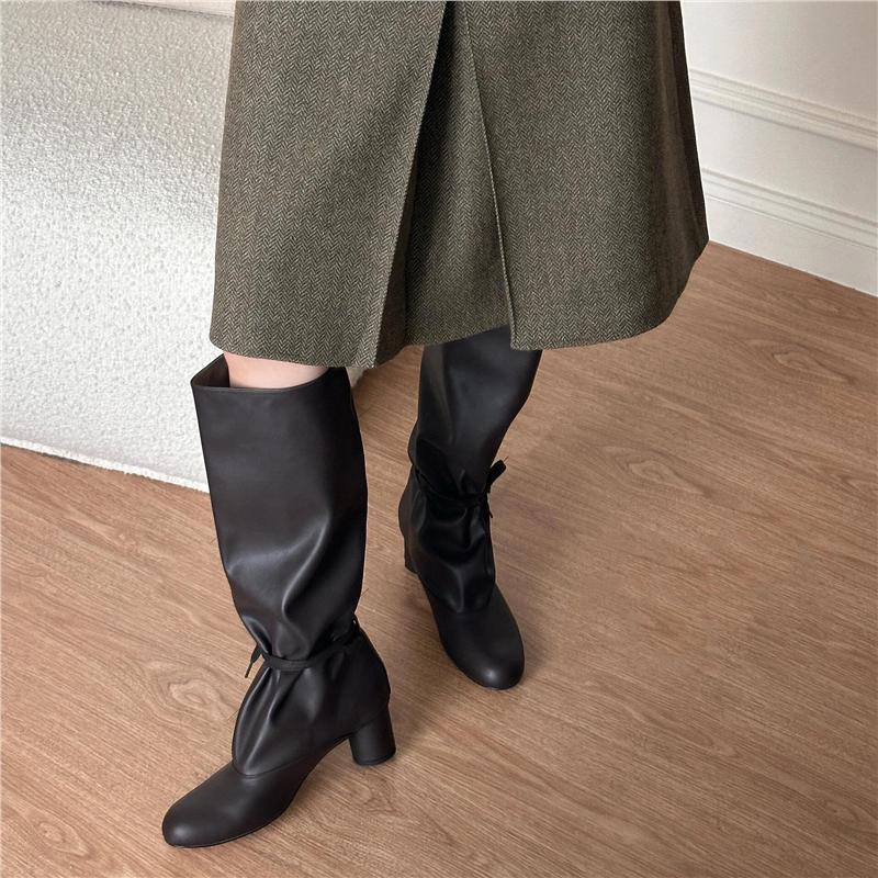 全牛皮~2025新款宽筒绑带真皮长筒靴女粗跟高跟长靴高筒靴骑士靴|undefined
