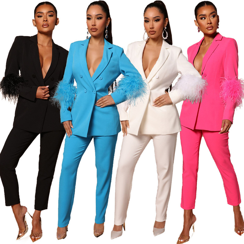 Autumn 2025 Amazon New Cross-Border Women's Clothing Ostrich Feather Two-Piece Suit Fashion Foreign Trade Wholesale Jacket