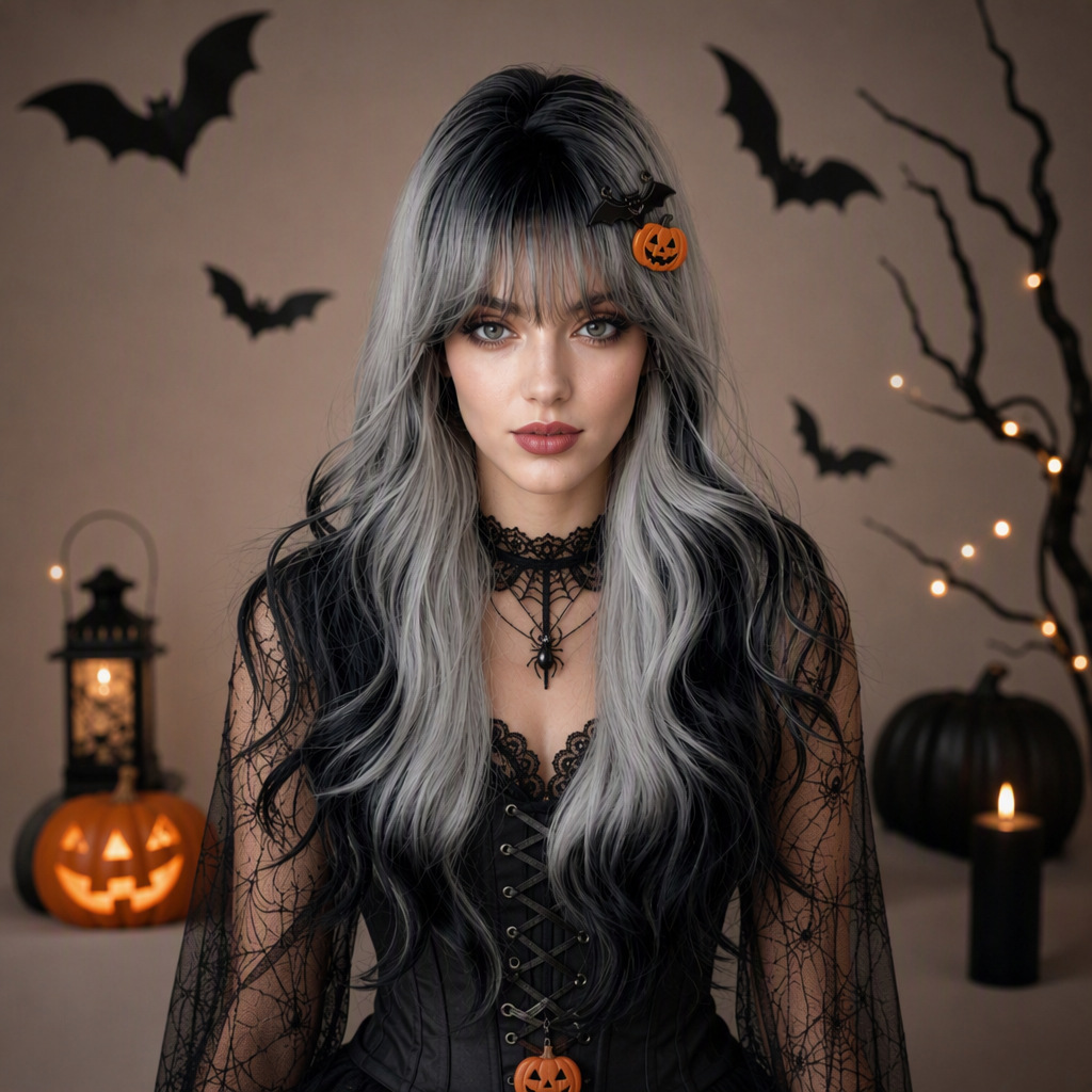 Cross-border foreign trade Amazon tk Halloween hot-selling black and white highlighted wavy wig, 48-hour shipping