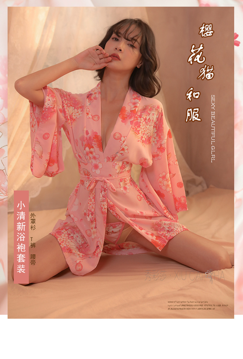 Sakura Cat Japanese Kimono Chiffon Nightgown Robe Set with Belt and Thong — detail image 3