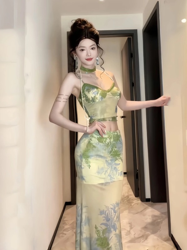 复古风中式上衣长裙套装印花吊带气质半身裙显瘦ins两件套|undefined