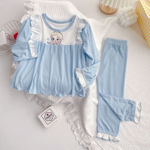  Girls Spring Long Sleeve Pajamas Cute Homecoming Set Four Seasons Air Conditioning Suit Soft Elastic Floral Print Class A Lace Edge