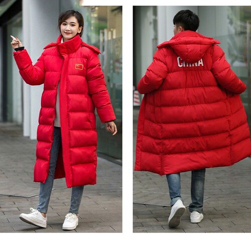 Group Art School Cotton Clothes for Men and Women Long Over-the-Knee Thickened Cotton Coats Couple Jackets Outdoor Sports Winter Training Chinese Team