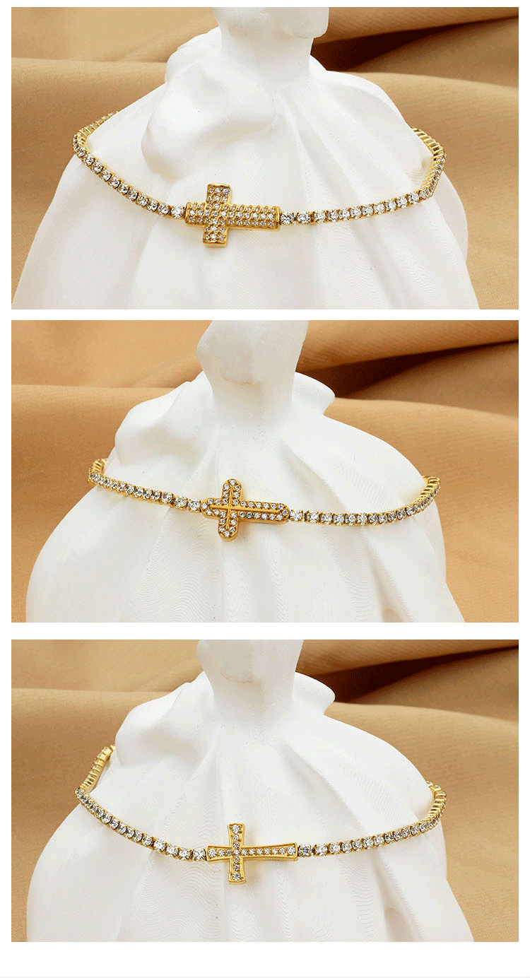 Titanium Steel Material Cross Pattern Women's Gender Plating Design Titanium Steel Gold Plated Elegant Simple Style Plating Cross Artificial Diamond Bracelets