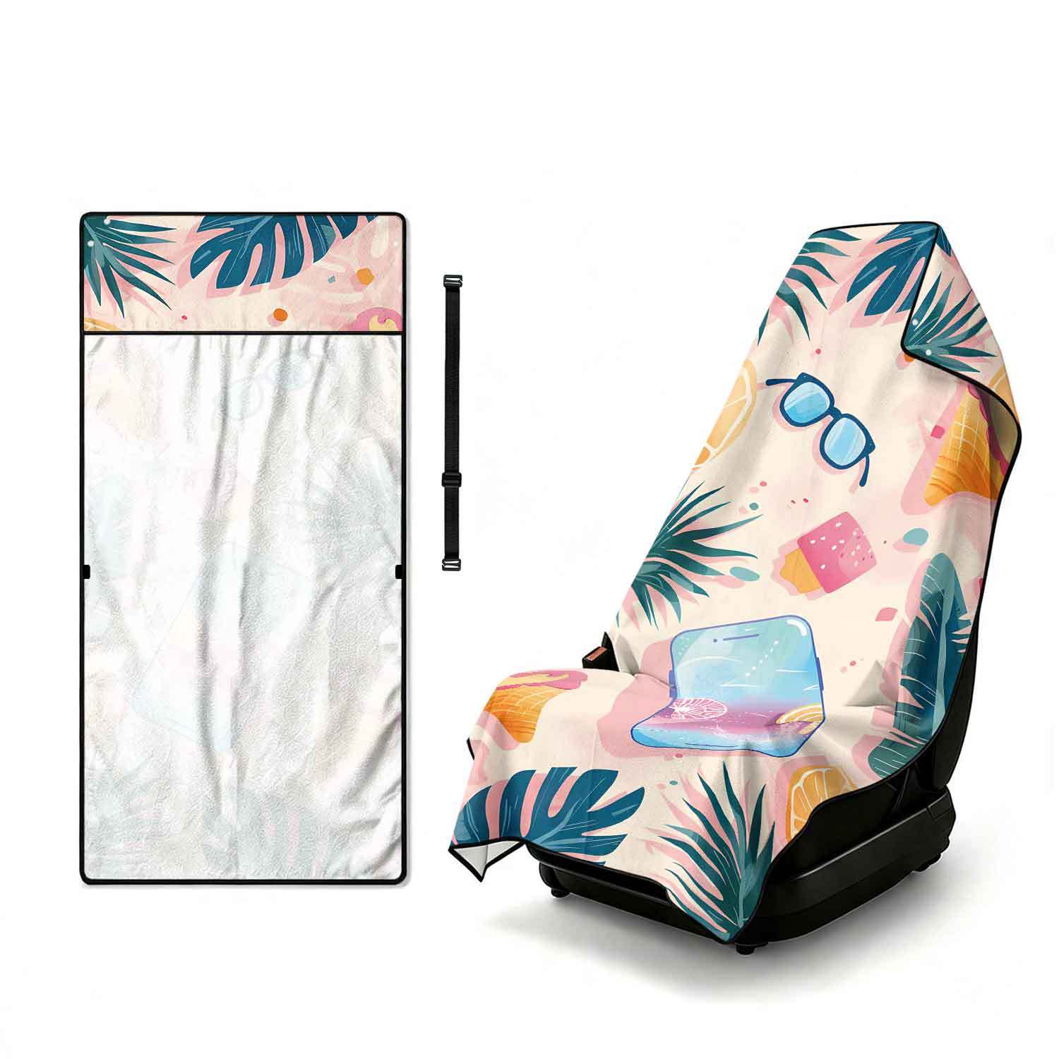 Printed bath towel and car seat cover 2-in-1, ultra-fine fiber outdoor beach and car dual-use universal seat cushion