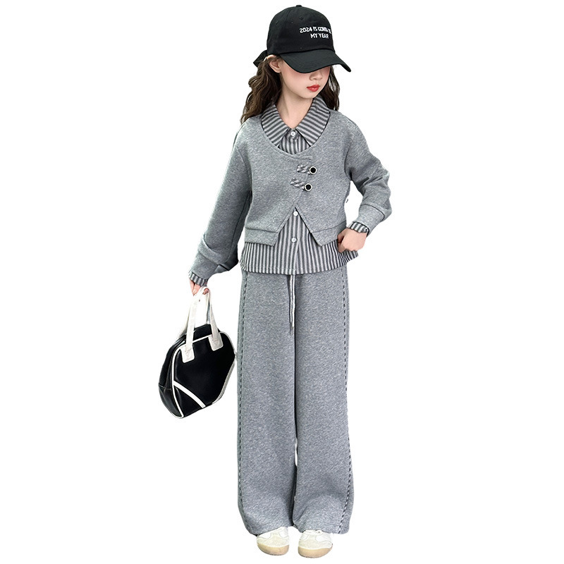 女の子スーツ春服 2025 新しいファッショナブルな子供服西洋スタイル女の子パンツスウェットシャツ偽スリーピーススポーツウェア|undefined