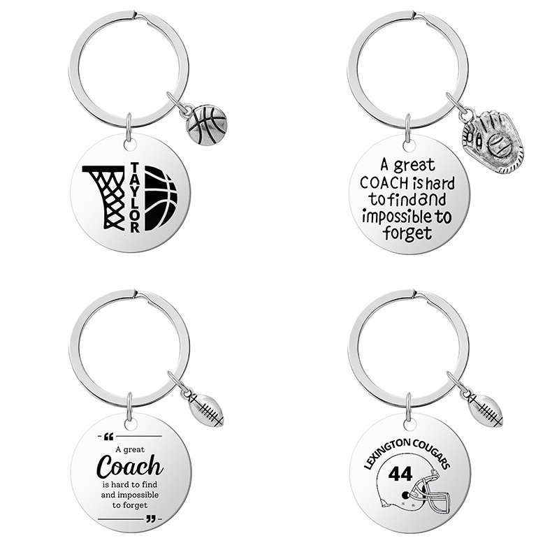Stainless steel lettering key chain cross-border foreign trade tennis football basketball football coach graduation gift custom pendant