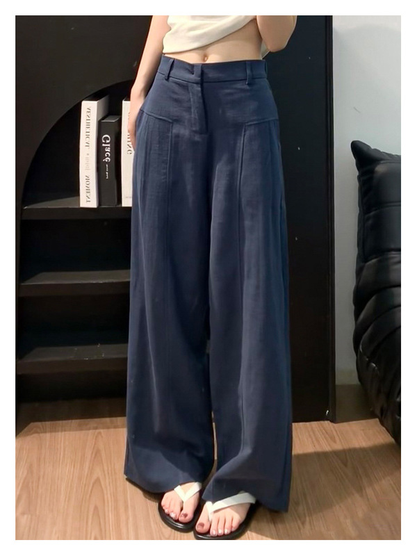 藏青色亚麻苎麻阔腿裤女秋季薄款高腰老钱风西装直筒棉麻休闲裤子|undefined