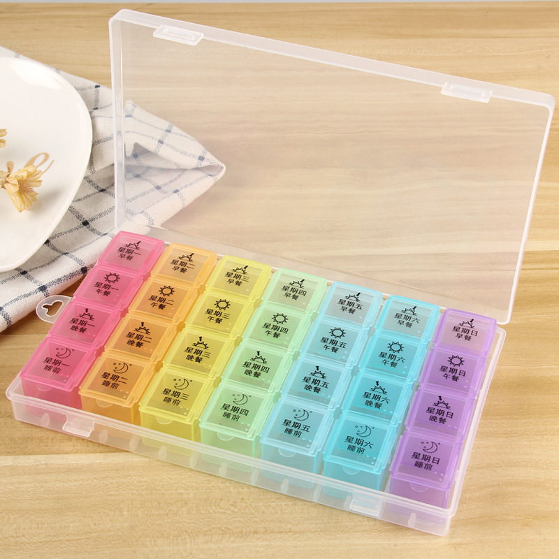 Large 28-Compartment Plastic 7-Color Pill Box for One Week, Portable Health Medicine Box, Dust-Proof Storage Pill Box, Portable Pill Box