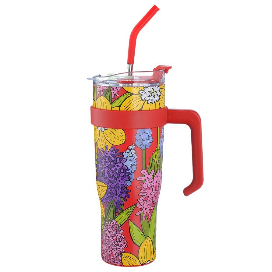 Una taza de automóvil de 40oz de mango de acero inoxidable de gran capacidad de vacío aislamiento de paja de taza de hielo de automóvil