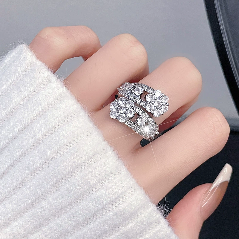 Регулируемое кольцо с rhinestone, кластер в виде алмазной россыпи, маленький изысканный светло-роскошный дизайн