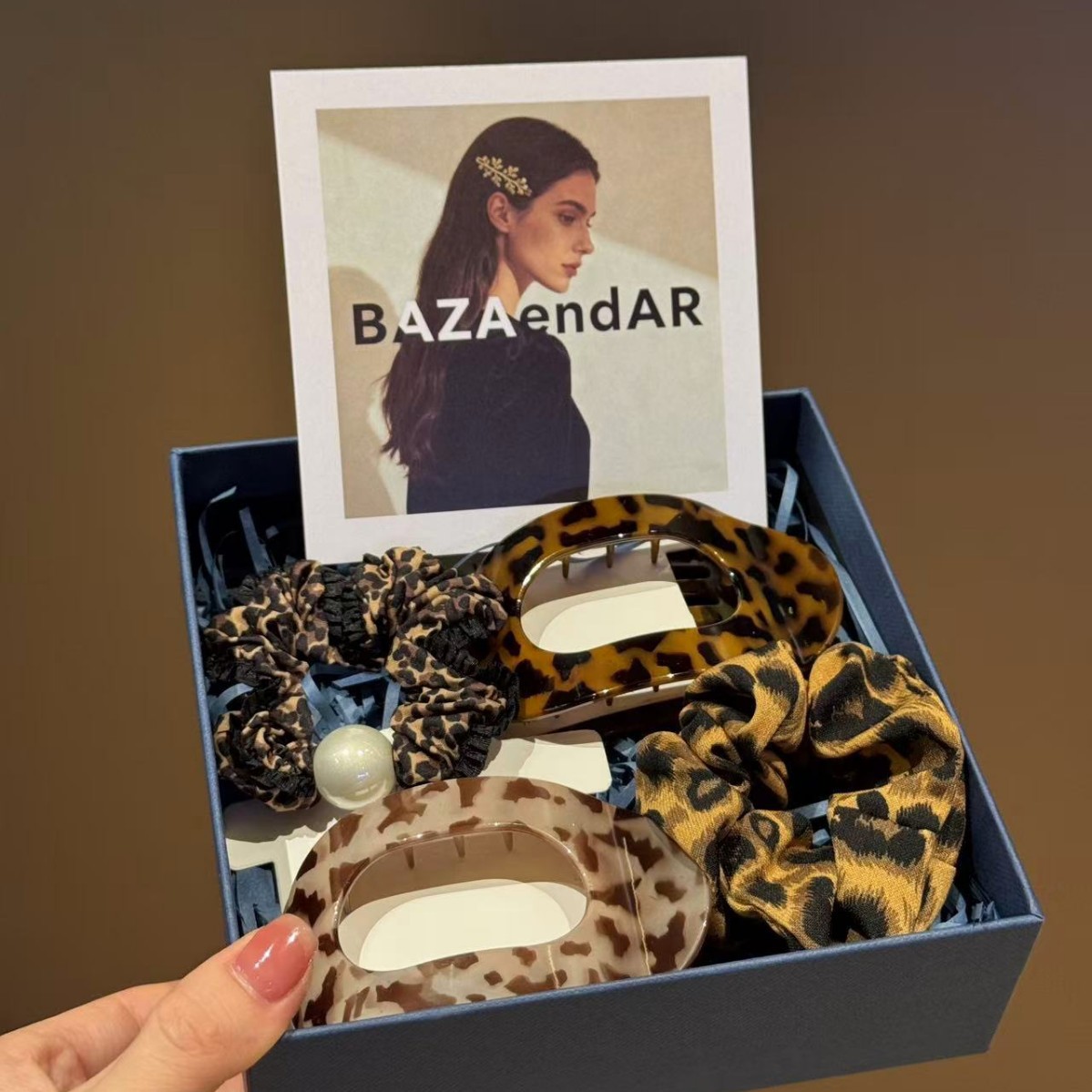 BAZAendAR豹纹扁平夹发圈四件套扁平椭圆发夹后脑勺盘发鲨鱼夹