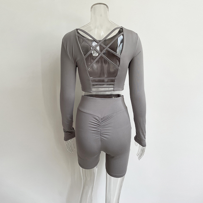 2pcs Shorts Sets Bodycon Sportswear Long Sleeve Crop Top + High Waist Shorts
