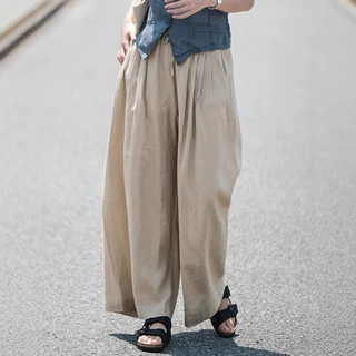 春夏新款女裤型好100%苎麻百搭休闲阔腿裤女长裤松紧腰