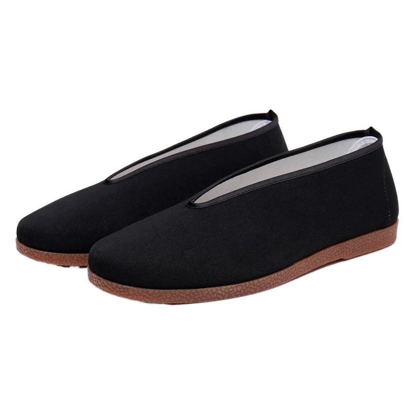 Round Mouth Cloth Shoes Men's Beef Sole Old Beijing Middle-aged and Elderly Non-slip Flat Slip-on Shoes Kung Fu Performance Black Cloth Shoes