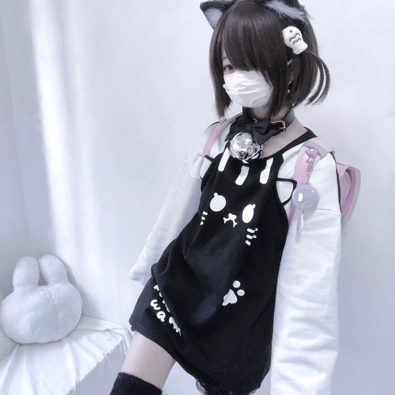 Autumn and Winter Japanese Subculture Kitten Printed Cute Soft Girl Shoulder Long-sleeved T-shirt Women's Loose Top Base Shirt