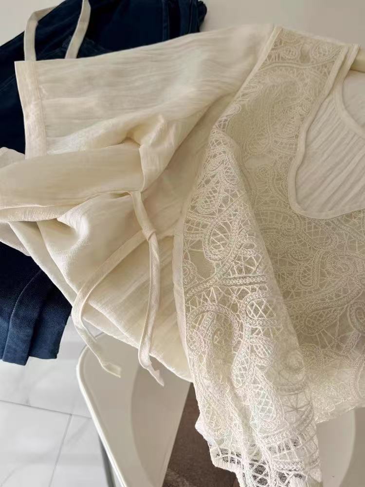 Áo sơ mi nữ ngắn tay ren giả hai mảnh dáng rộng — Màu mơ chi tiết 14