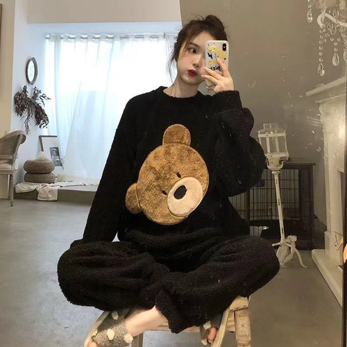 New cartoon sweet women's autumn winter coral velvet loose plus-size foreign trade cross-border set one-piece drop shipping
