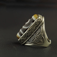 藏式古传统老工艺天珠戒指男女西藏复古二眼大号镶嵌开口指环首饰