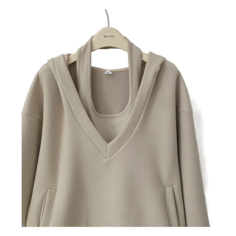 2024 весна и осень новая корейская версия свободного свитера с капюшоном женский сексуальный трикотажное платье с шеей набор из двух частей