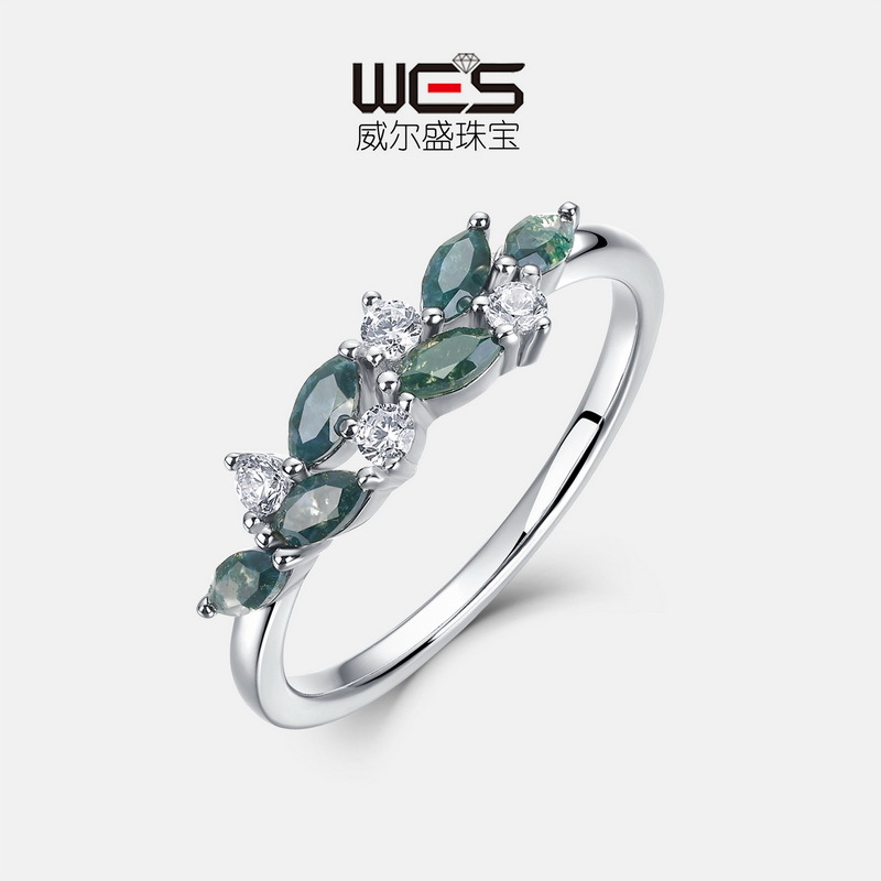 Modelo transfronterizo, hojas geométricas frescas, anillo de piedra de musgo verde, S925, anillo de dedo alimentador de ágata de agua natural de plata, simple