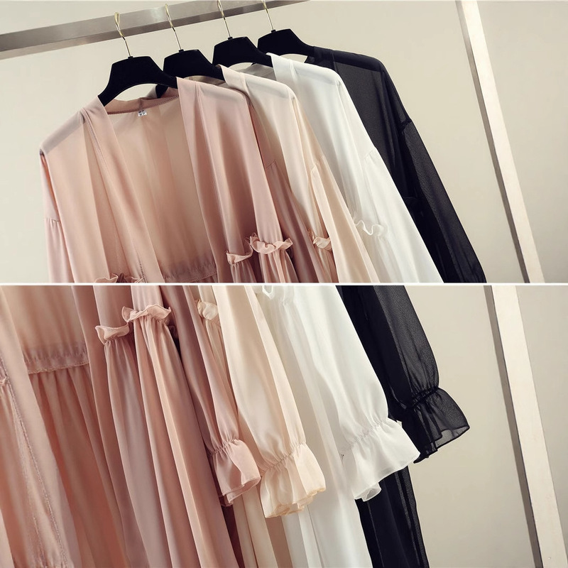 シフォンシャツジャケットミドル丈日焼け止め服レディースカジュアル韓国風ゆったり薄手大きいサイズ夏学生ビーチショール|undefined