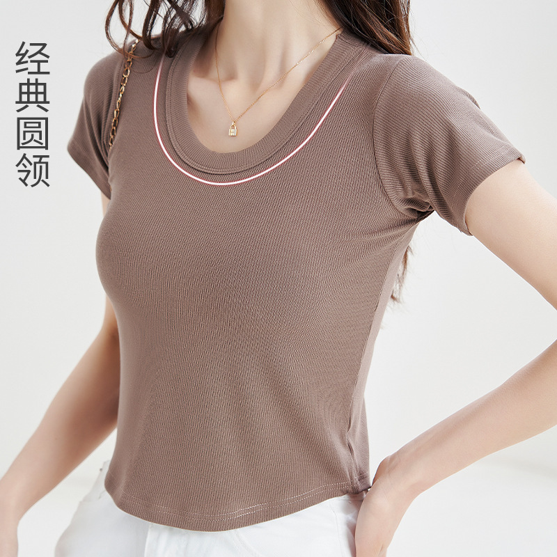 New Women's Modal Rayon T-Shirt with Drapedy Threaded Elastic Single Wear with Short-Sleeved Round Neck Breathable Top