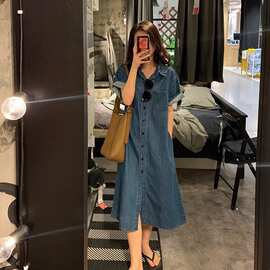 牛仔连衣裙女夏季2025新款复古短袖中长款收腰遮肉气质衬衫长裙子