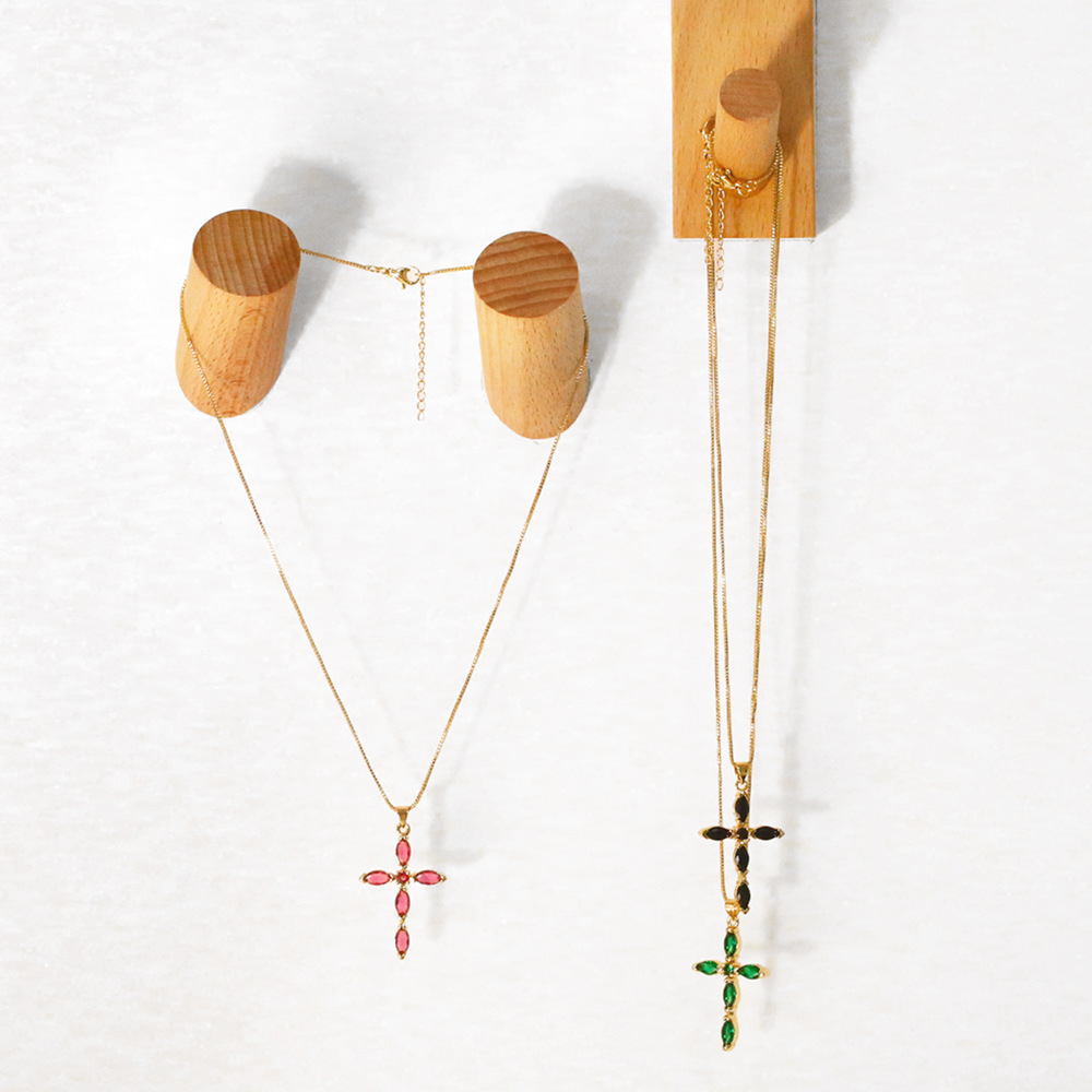 fashion cross copper gold-plated inlaid color zircon necklace