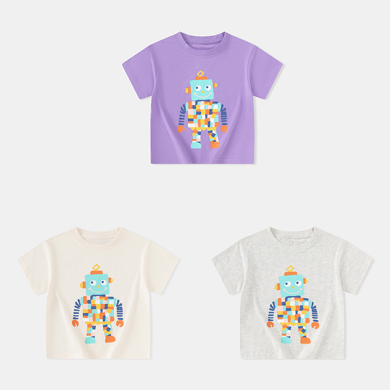 Ropa para niños de verano nuevo robot para niños ropa para bebés fuente de Douyin suéter suelto de cuello redondo cabello de una pieza