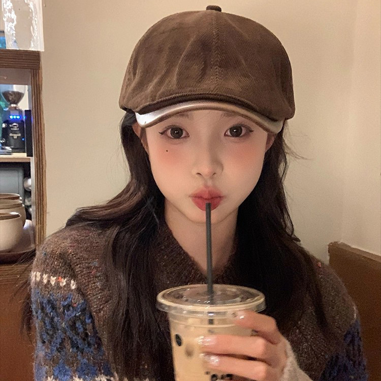 英伦复古灯芯绒前进帽子纯色百搭日系显脸小反戴报童鸭舌帽女|undefined