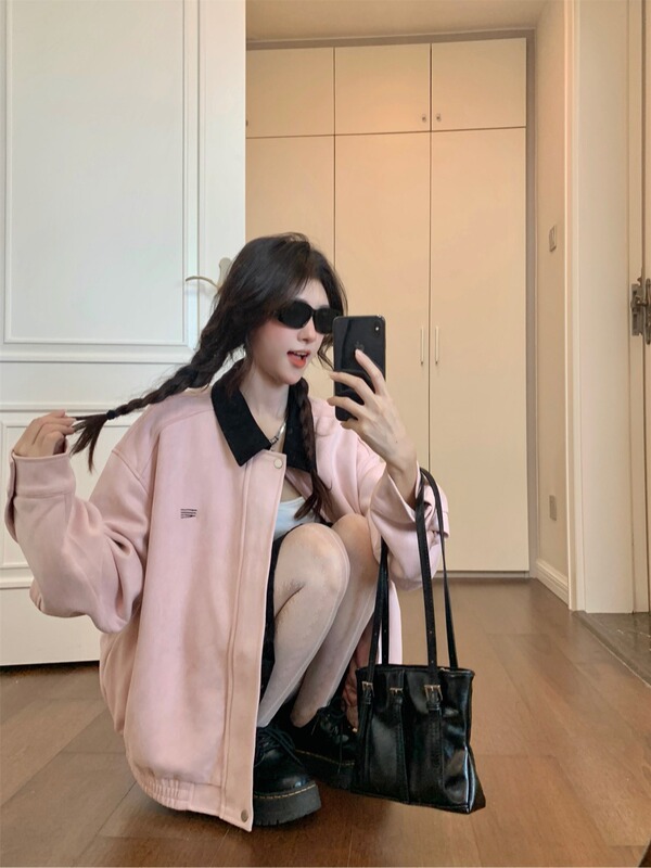甜美风粉色翻领休闲夹克上衣女早秋小众设计感宽松美式棒球服外套|undefined
