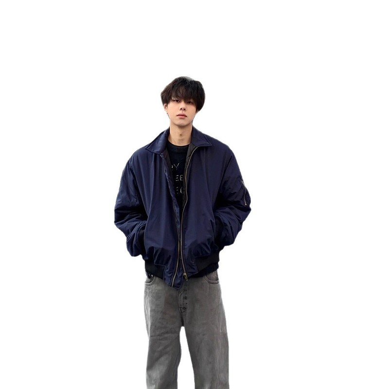 美式复古蓝色工装外套男潮牌欧美街头潮牌设计感棒球服飞行员夹克|undefined