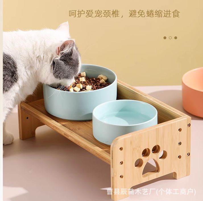 고양이 그릇 랙 나무 애완 동물 식탁 개 식탁 개 분지 고양이 테이블 높이 조정 가능한 높은 목 보호 안티 노크