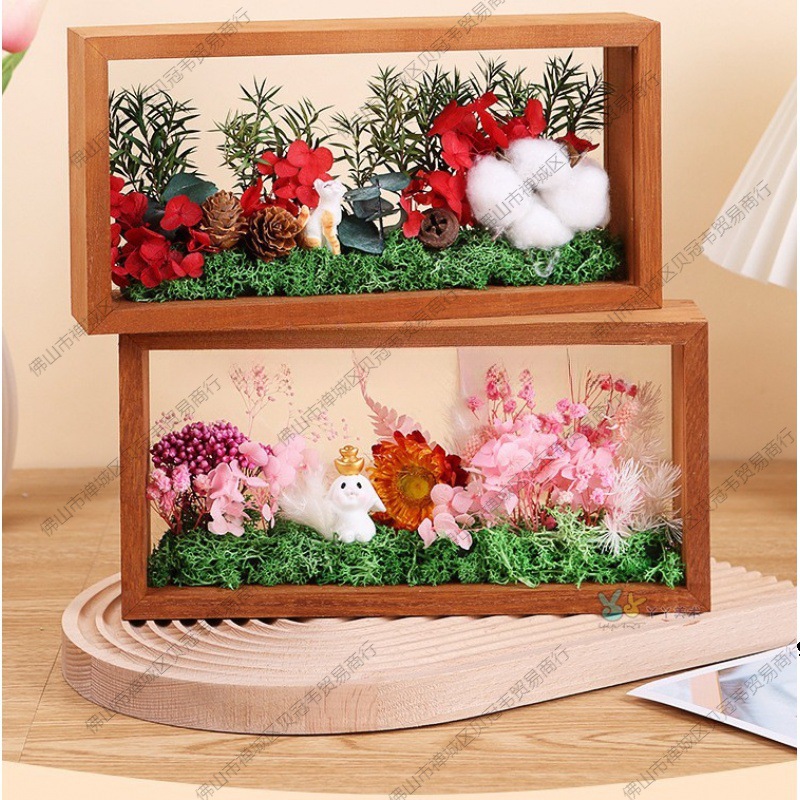 DIY 수제 말린 꽃 사진 프레임 영원한 꽃 단단한 나무 그림 프레임 스테레오 중공 양면 아크릴 디스플레이 박스 세트 테이블 *