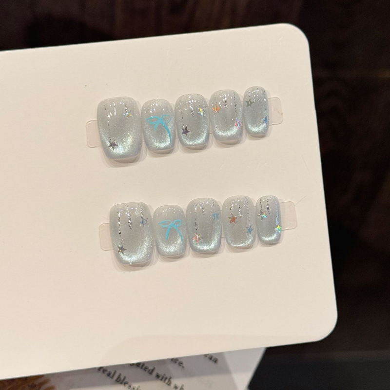 Taiwu Original [Star Butterfly Silver Mist] Silver Blue Gradient Star Bow Fresh Sparkling Diamond Purely Handmade Wearable Nails