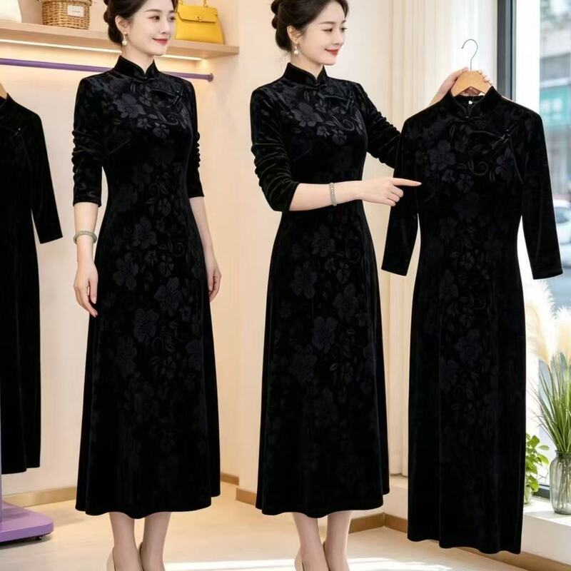 New Spring and Autumn High-Quality Heavy Flocked Embossed Long-Sleeve New Chinese Style Qipao Gold Velvet Dress for Mothers New Spring and Autumn High-Quality Heavy Flocked Embossed Long-Sleeve New Chinese Style Qipao Gold Velvet Dress for Mothers