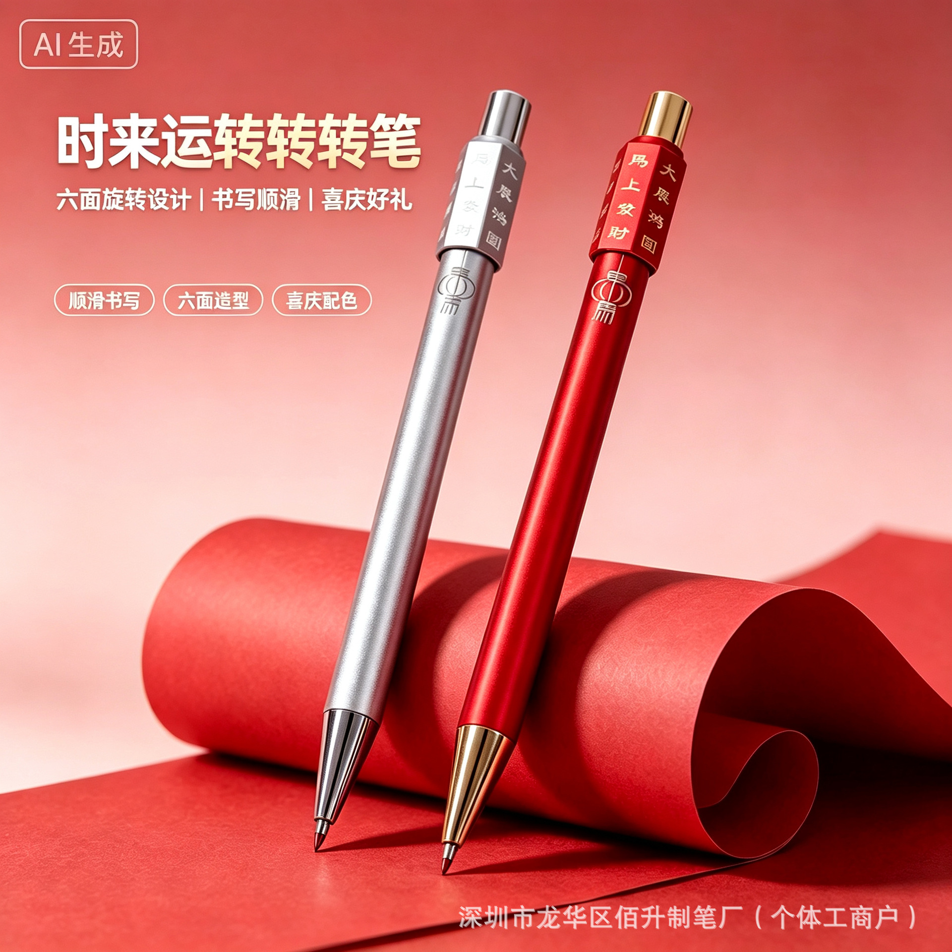 Spin the red six-sided spinner pen to bring good luck, press the signature pen to relieve stress, and use it for office writing; it’s a neutral pen with a logo