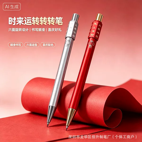 Spin the red six-sided spinner pen to bring good luck, press the signature pen to relieve stress, and use it for office writing; it’s a neutral pen with a logo