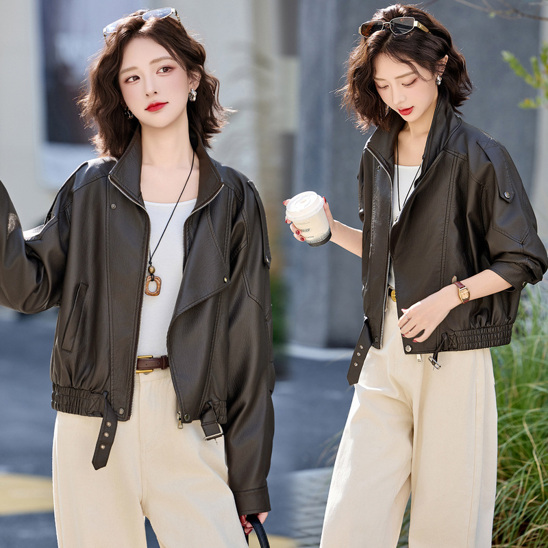 Short Sheepskin Leather Jacket for Women, 2026 Spring New Style, Petite and Stylish Biker Jacket for Spring Commuting