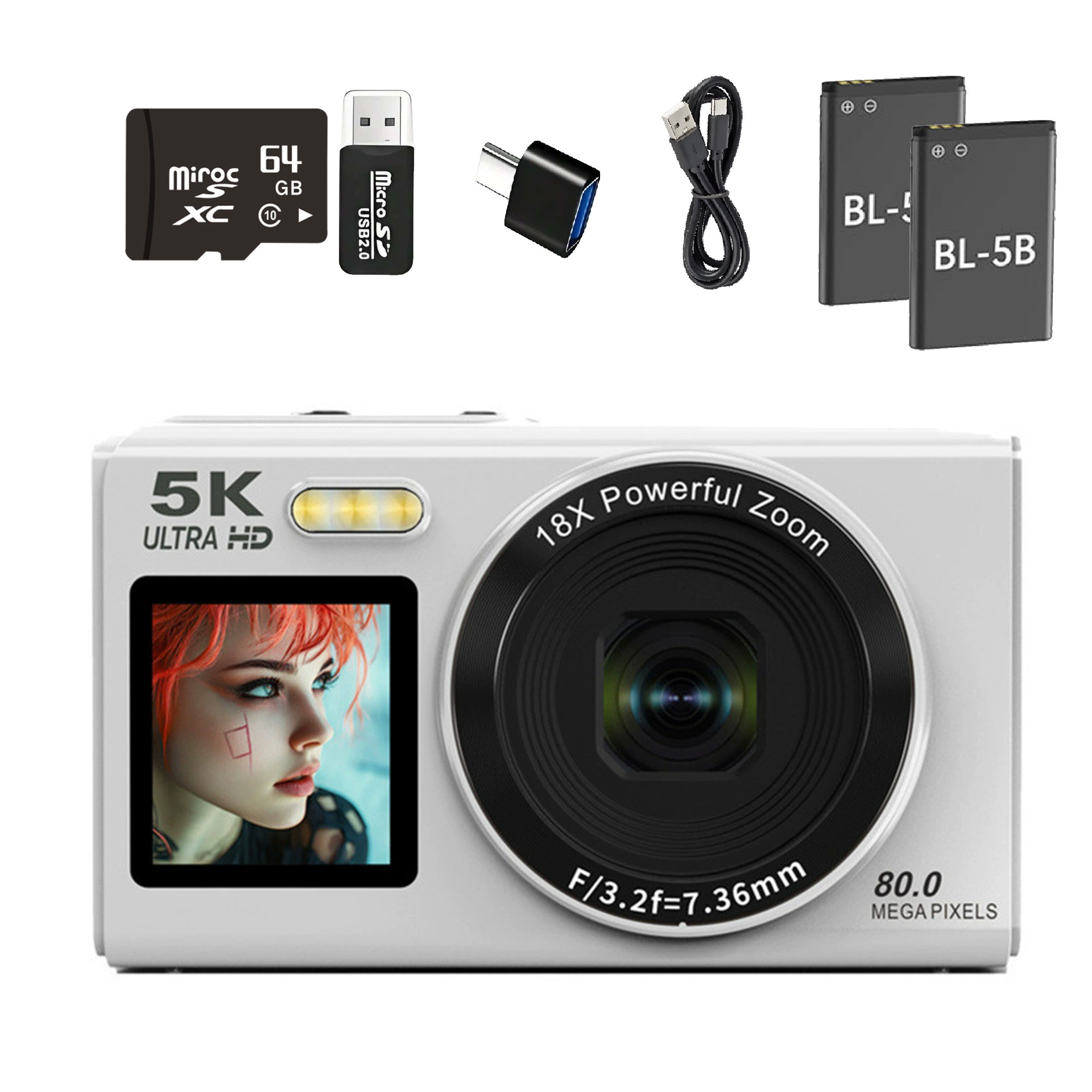 Цифровая камера ручная 5K Ultra HD, 18× зум, 80 Мп, компактная 21×15×10 см