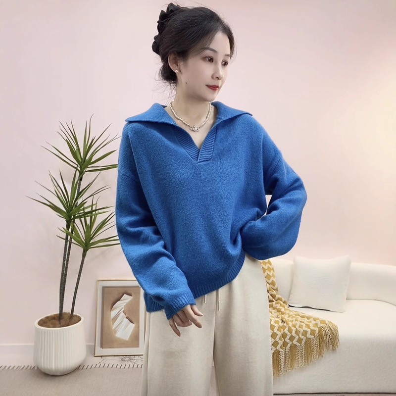 Autumn and Winter Fashionable and Versatile Loose-Fitting Solid Color Lazy Style Lapel Casual Pullover Long-Sleeved Knitted Sweater 032 Autumn and Winter Fashionable and Versatile Loose-Fitting Solid Color Lazy Style Lapel Casual Pullover Long-Sleeved Knitted Sweater 032