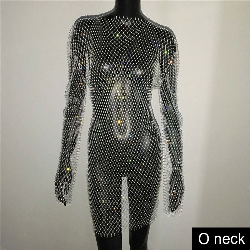 光沢のあるラインストーングリッドフィッシュネットドレス長袖Oネックホル|undefined